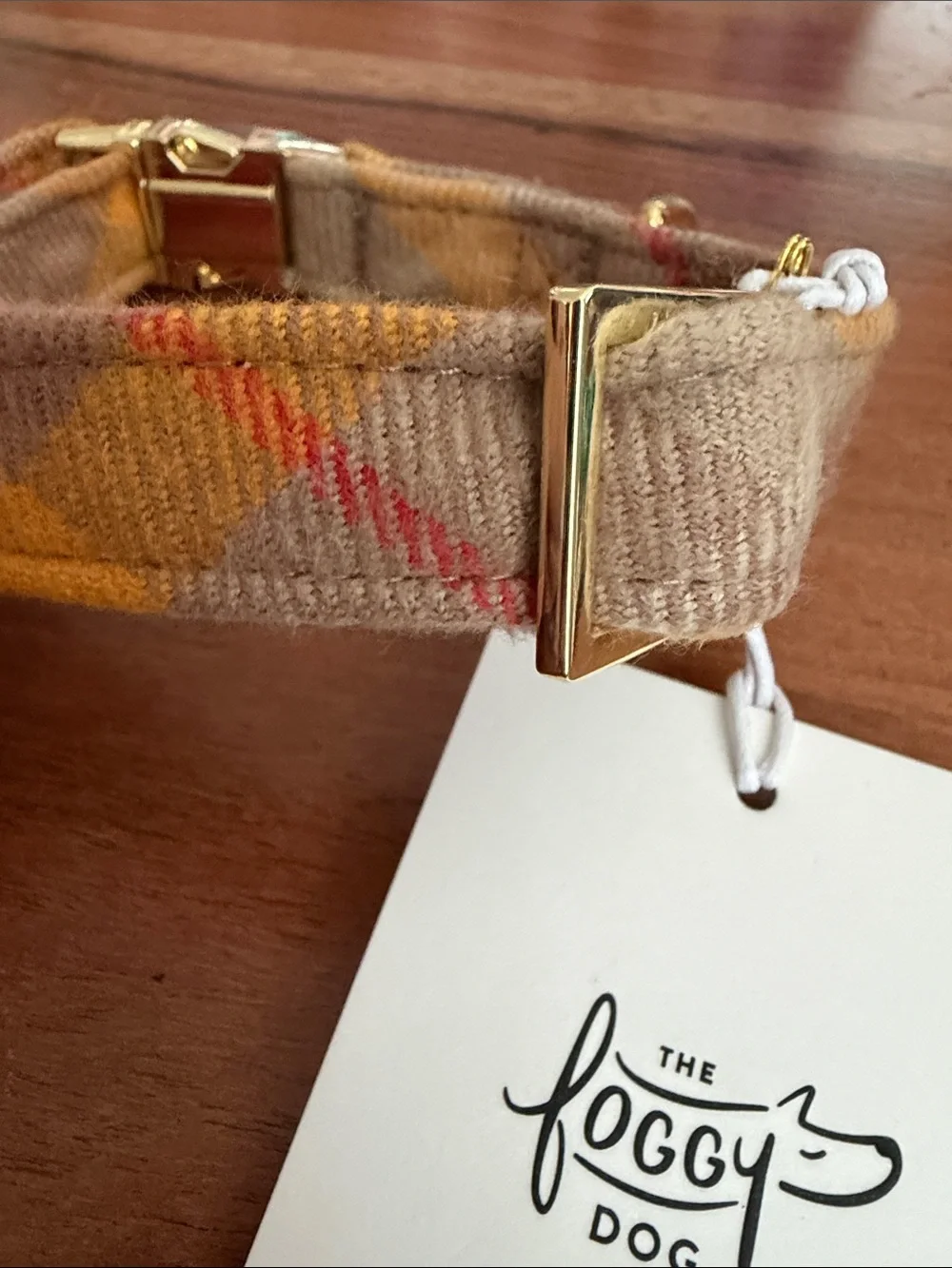 The Foggy Dog Beige Plaid Dog Collar with Gold Hardware